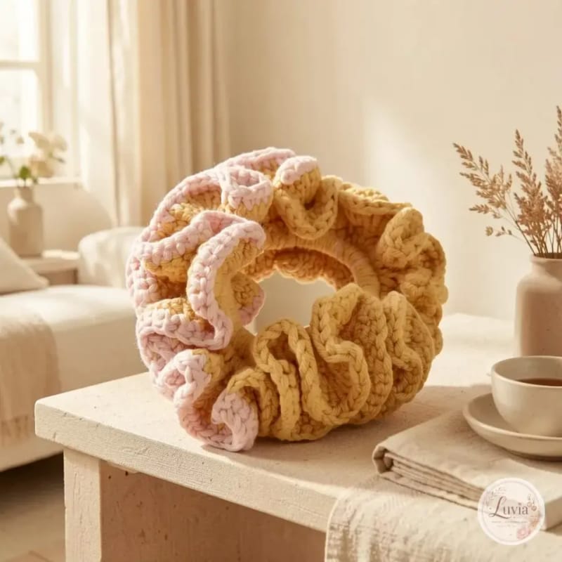Mustard & Pink Ruffle Scrunchie — handmade crochet from the Hair Accessories collection by Luvia Creations