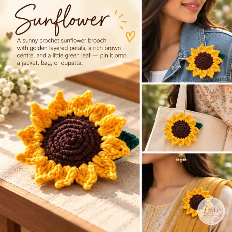 Sunflower Brooch — handmade crochet from the Brooches collection by Luvia Creations